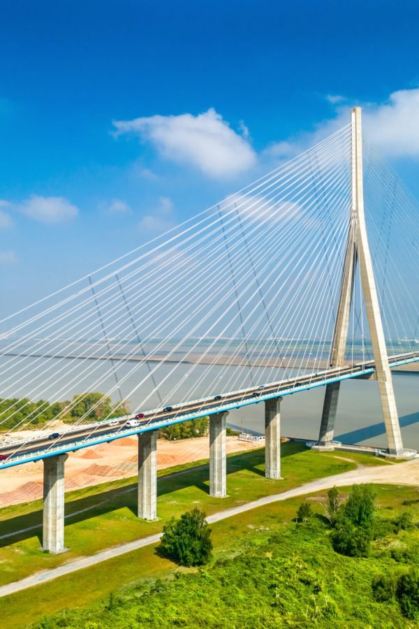 Aerial view of the Pont de Normandie, a cable-stayed road bridge that spans the river Seine linking Le Havre to Honfleur in Normandy, northern France